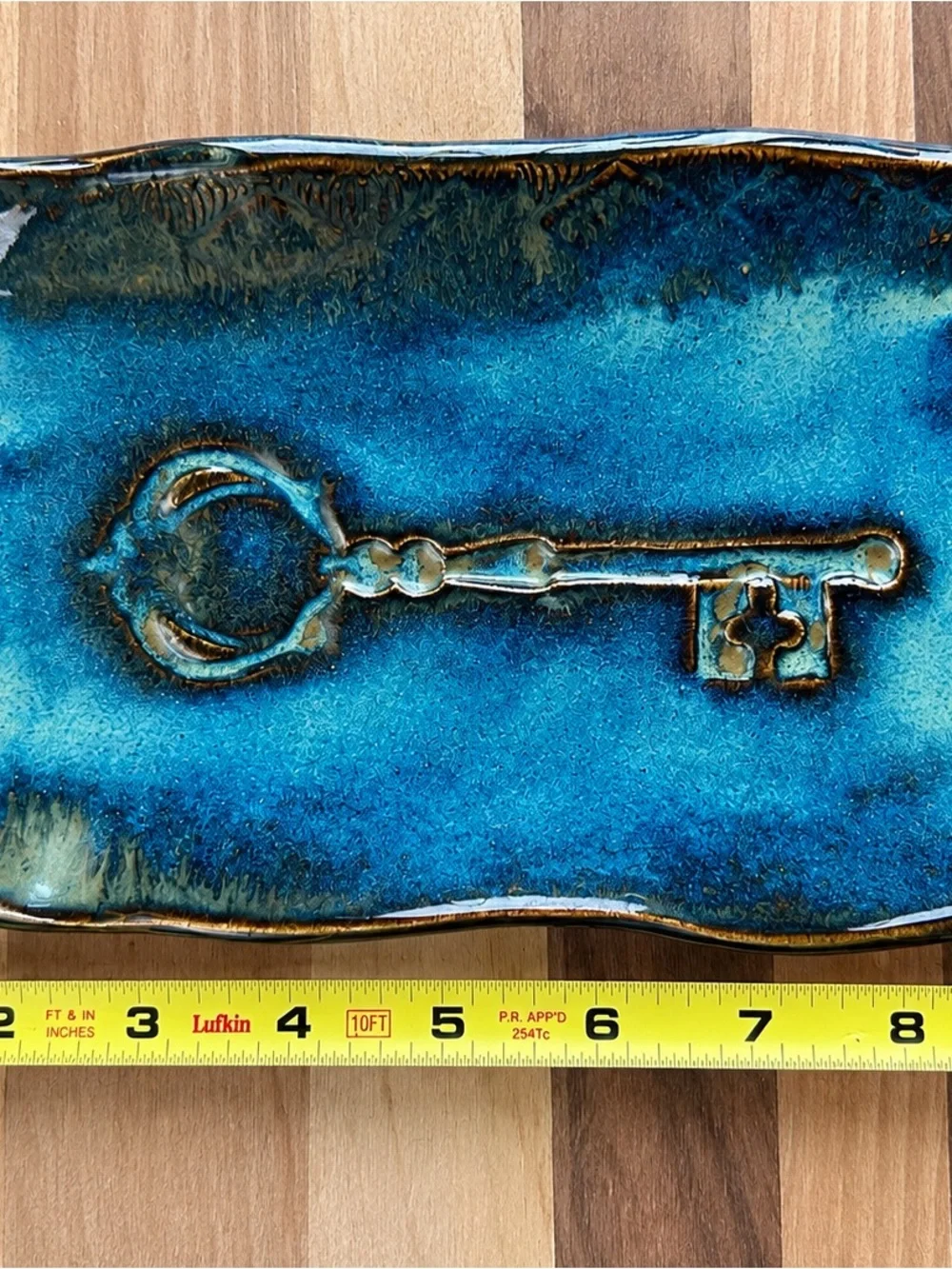 Handmade Studio Pottery Blue Reactive Glaze Skeleton Key Trinket Catchall Tray